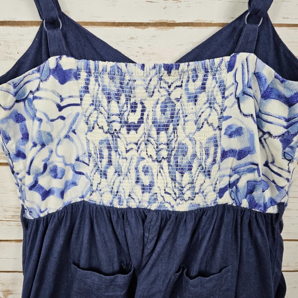 Anthropologie XS Mermaid Beach Shade Umbrella Romper Smocked Linen Blend Pockets - Picture 7 of 12
